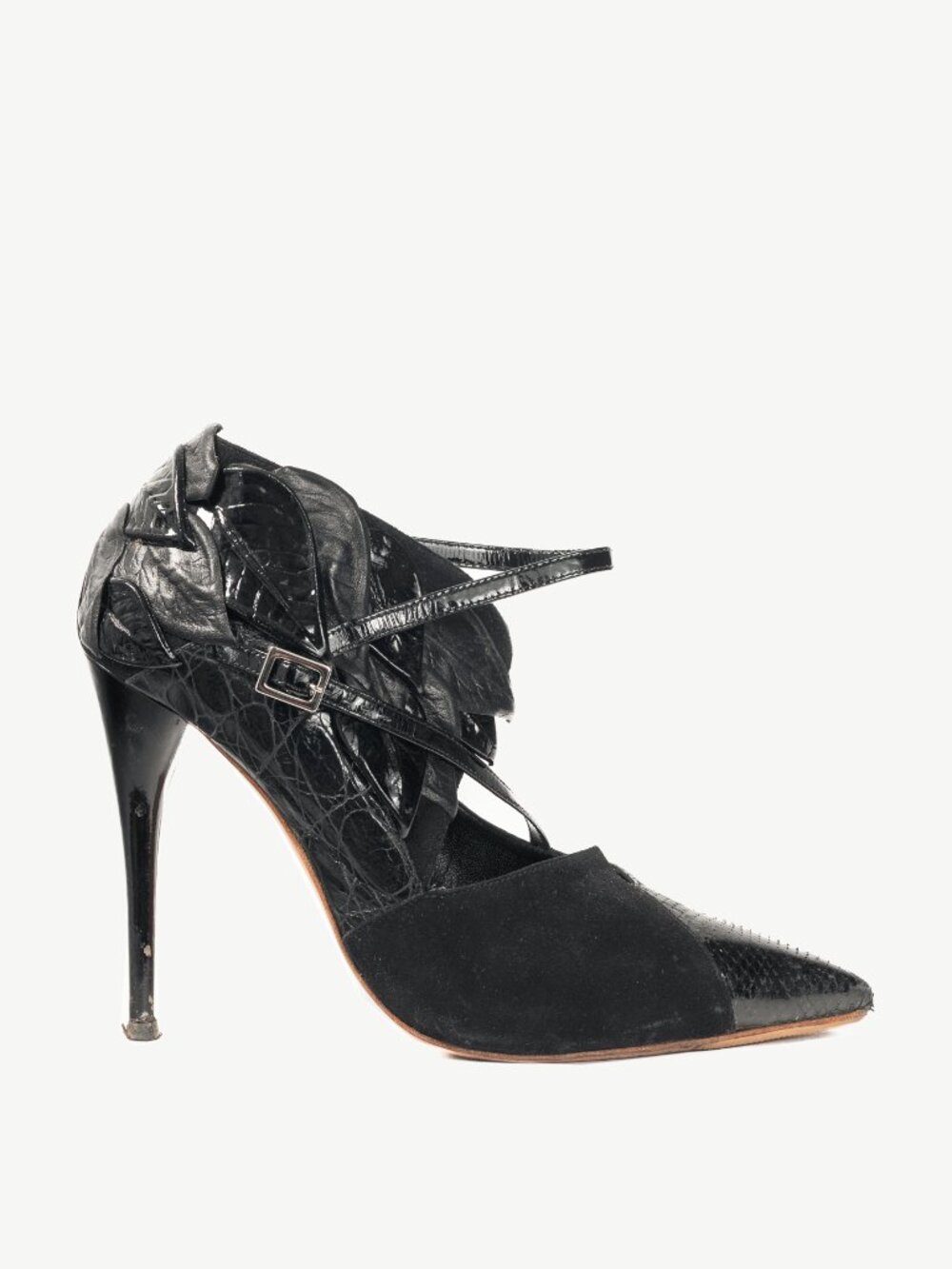 Chloe AW08 Runway Black Snake-Embossed, Suede & Leaf-Applique Heels